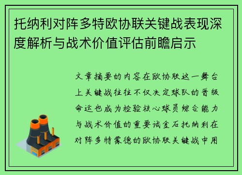 托纳利对阵多特欧协联关键战表现深度解析与战术价值评估前瞻启示