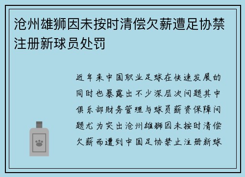 沧州雄狮因未按时清偿欠薪遭足协禁注册新球员处罚